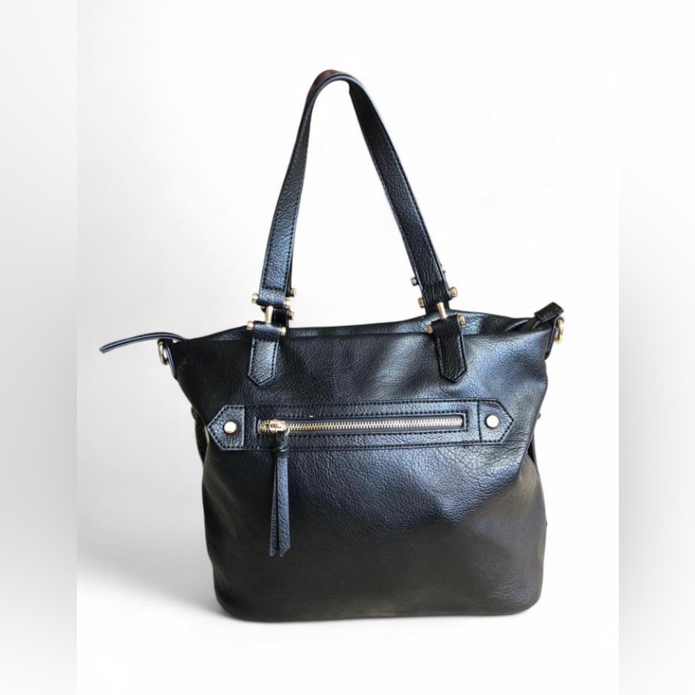 Miztique Black Leather Shoulder Tote with Gold Hardware